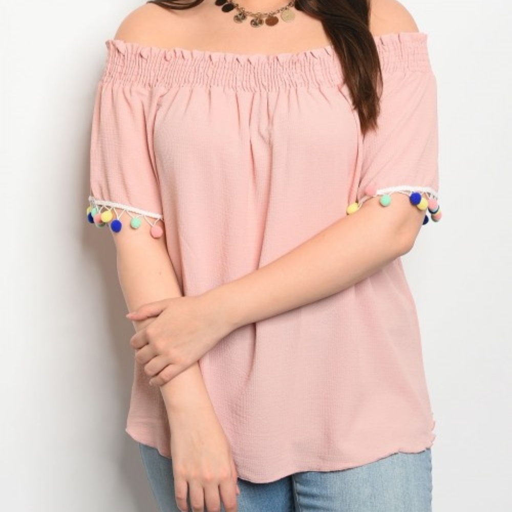 Plus Size Light Pink Off Shoulder Pom Pom Shirt